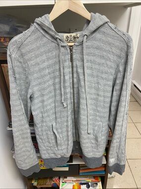 Juicy Couture Y2K Men's Light Gray Striped Zip-Up Distressed Hooded Sweater